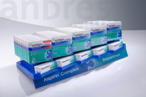 Regaldisplay/Sichtwahldisplay/Aspirin/Bayer/Bepanthen/andres/Regalschiene