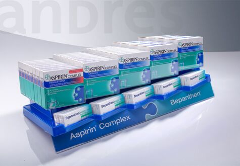 Regaldisplay/Sichtwahldisplay/Aspirin/Bayer/Bepanthen/andres/Regalschiene